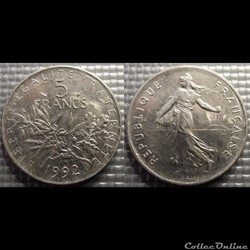 Kg 5 francs Semeuse 1992 29mm 10g