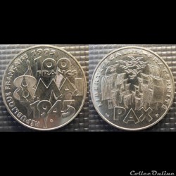On 100 francs Commémoration de l'armistice 1995 31mm 15g