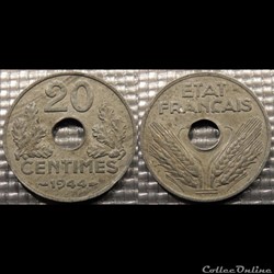 Eb 20 centimes Etat Français 1944 24mm 3.5g