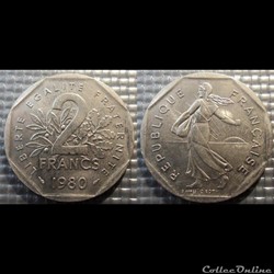 Jg 2 francs semeuse 1980 26.5mm 7.5g