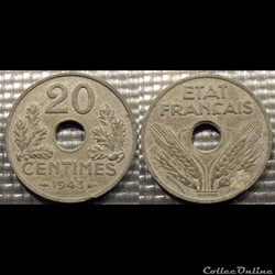 Eb 20 centimes Etat Français 1943 24mm 3.5g
