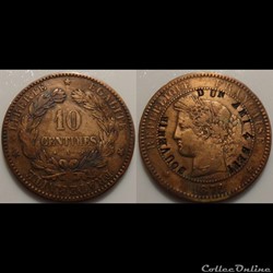 Monnaie 10 centimes Céres 1872 contremarquée