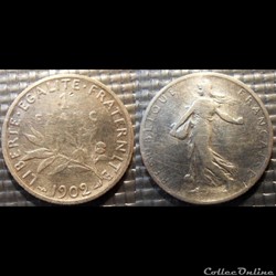 Ha 1 franc Semeuse 1902 23mm 5g