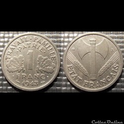 He 1 franc Bazor 1943 B 1.3g poids faible, 1.6g poids fort