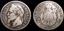 N-Napoleon III Empereur 2 Francs lauré 1866 BB
