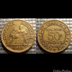 Gb 50 centimes Chambre de commerce 1928 18mm 2g