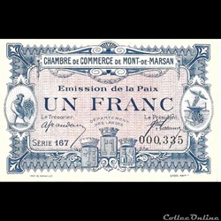 F2 1Fr Chambre de Commerce de Mont de Marsan Emission de la Paix avec 1921 au verso