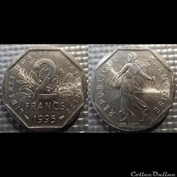 Jg 2 francs semeuse 1995 26.5mm 7.5g