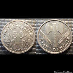 Gd 50 centimes Bazor 1942 18mm 0.7g faible 0.8g fort