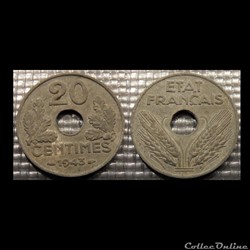 Eb 20 centimes Etat Français 1943 24mm 3.5g