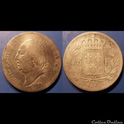 E Louis XVIII 5 Francs 1816 A, buste nu Second gouvernement Royal