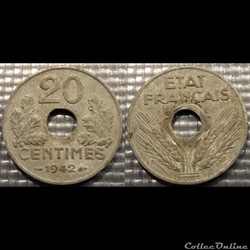 Eb 20 centimes Etat Français 1942 24mm 3.5g