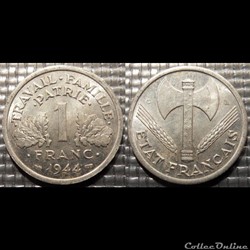 He 1 franc Bazor 1944 C 1.3g poids faible, 1.6g poids fort