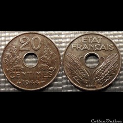 Ec 20 centimes Etat Français 1944 24mm 3g