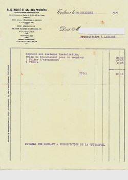 Electricité et Gaz des Pyrénées Facture 1929 Lagarde (Ariège)