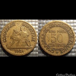 Gb 50 centimes Chambre de commerce 1924 18mm 2g