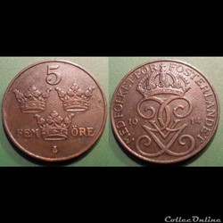 Suède 5 Ore 1914