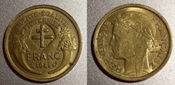 Monnaie 1 Franc Morlon 1941 contremarque Croix de Lorraine