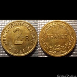 Je 2 francs France libre 1944 27mm 8.15g