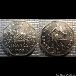 Jg 2 francs semeuse 1992 26.5mm 7.5g