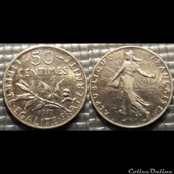 Ga 50 centimes Semeuse 1917 18mm 2.5g