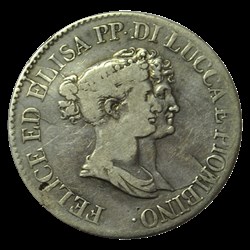 PRINCIPAUTÉ DE LUCQUES ET PIOMBINO - FÉLIX BACCIOCHI et ÉLISA BONAPARTE 5 Franchi 1808 Florence
