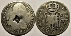 1808 - 2 Reales Sevilla - Carlos IV de España - Countermarked (Lattice, 1841) Cuba