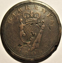 1805 One Penny Token, Hibernia - King George III