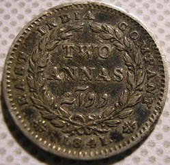 Victoria - Two Annas 1841 Calcutta - East India Company (ex.3)