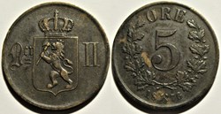 Norway - Oskar II - 5 Øre 1876