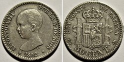 1892 - 50 Centimos - Alfonso XIII de España (ex.2)