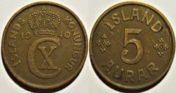 Christian X of Denmark - 5 Aurar 1940 Iceland