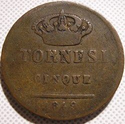 1849 Royaume de Naples, 5 Tornesi - Ferdinando II