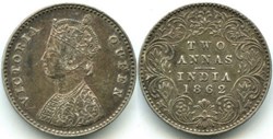 Victoria - Two Annas 1862 Calcutta - British India (ex.2)