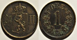 Norway - Oskar II - 1 Øre 1877 - Die Crack