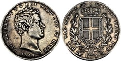 1844 Regno di Sardegna - 5 Lire, Torino - Carlo Alberto di Savoia