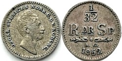 Sweden - Oscar I - 1/32 Riksdaler Specie 1852 (Overdate)
