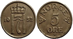 Haakon VII of Norway - 5 Øre 1952