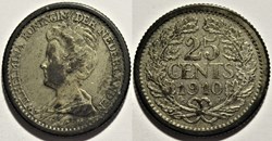 Wilhelmina of Netherlands - 25 Cents 1910