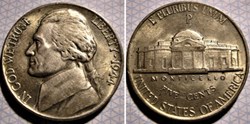 1944 Five Cents Phildelphia ("Jefferson Wartime Nickel", 1st Portrait)