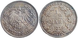 Wilhelm II - 1/2 Mark 1913, Muldenhütten - German Empire
