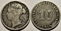 Victoria - 10 Cents 1885 - Error - Straits Settlements, Malaysia (ex.2)