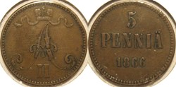 Alexander II of Russia - 5 Penniä 1866, Grand Duchy of Finland (2ex.)