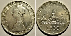 Repubblica Italiana - 500 Lire 1959 - Christopher Columbus's ships (ex.2)