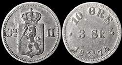 Oskar II - 10 Øre / 3 Skilling 1874 Norway