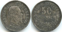 1867 Royaume d'Italie, 50 Centesimi, Milano - Vittorio Emanuele II