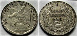 Chile - Cinco Centavos 1908 Santiago - Overdate