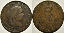 1868 Barcelona - 5 Centimos - Isabel II de España - Rippled coin