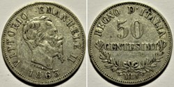 1863 Royaume d'Italie, 50 Centesimi, Milano - Vittorio Emanuele II (ex.3)