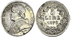 Pio IX, Papa - 5 Lire 1870, Anno XXV - Vaticano